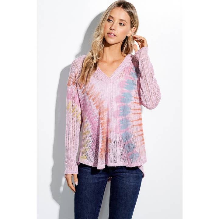 Tie Dye Print Open Knit Hoodie Long Sleeve Sweater
