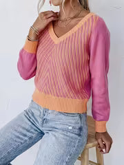 Color-Block Sweater Women'S Fall Winter Deep V-Neck Herringbone Ribbed Top Women'S Pullover — view 3