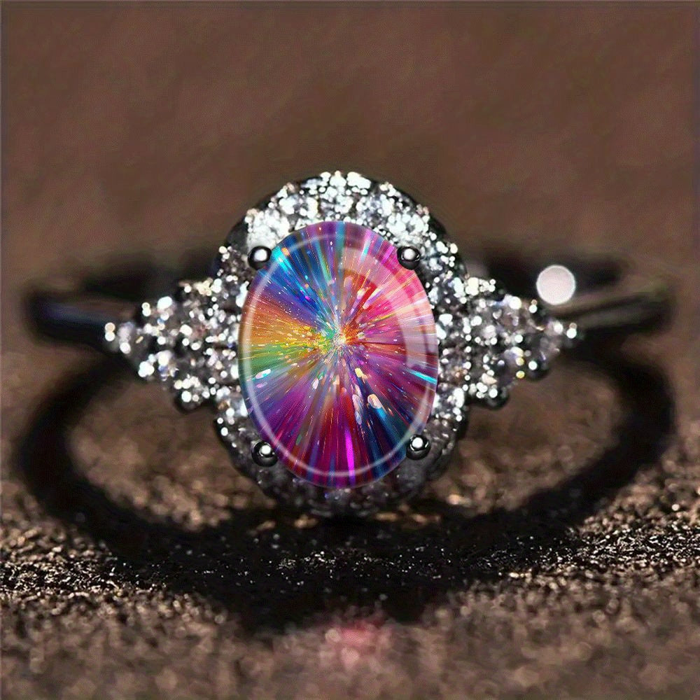 Multicolor Iridescent Rainbow Beam Impact Engagement Ring