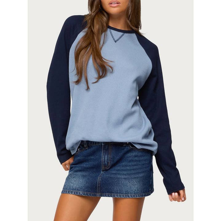 Color Block Crew Neck Long Sleeve Waffle Knit Top MD274