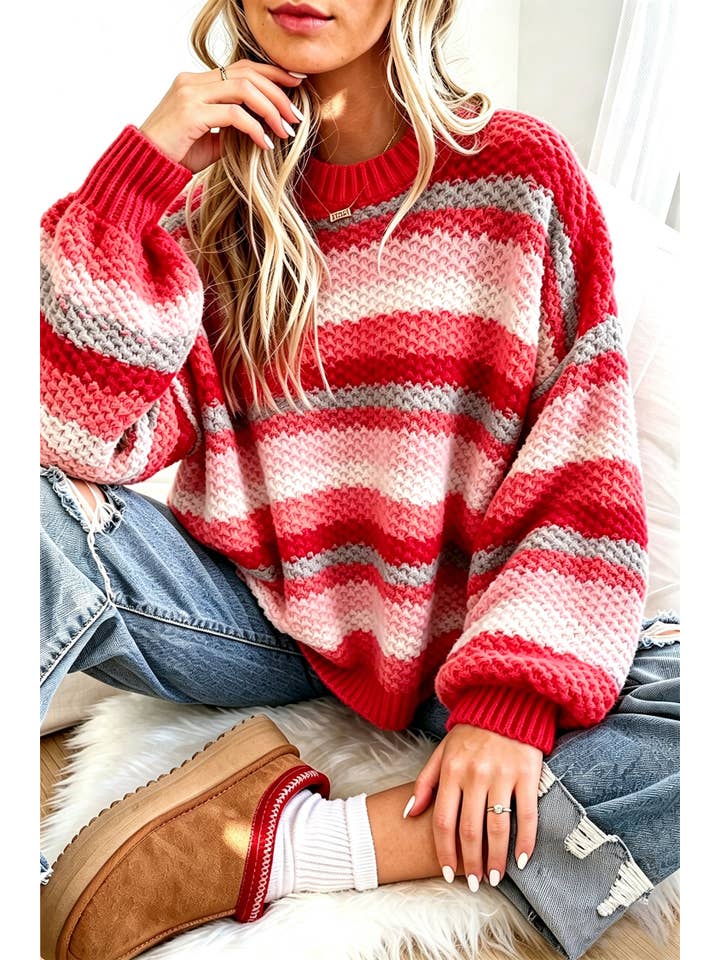 Fashionworks Women's Rainbow Striped Knit Sweater Puff Sleeve