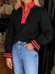 Women's Red And Rose Red Color-Blocked Ruffled Neckline Blouse, Ribbon Cuffs, Ruffled Cuffs, V-Neck Pullover — view 4