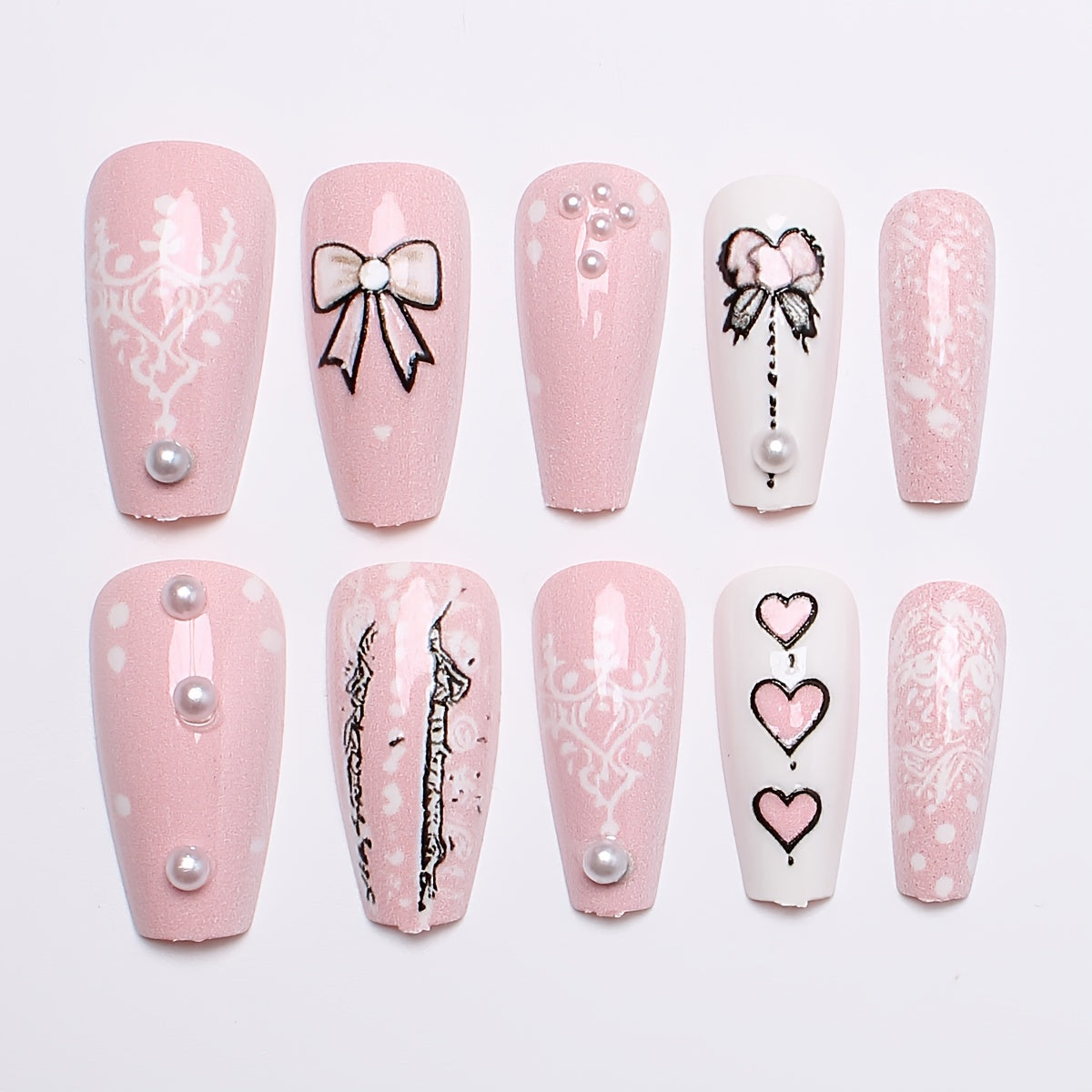 24pcs Pack Wearable Nail Plate Premium Sweet Cute Style Bow Pattern Pearl Studded Ballet Style Pattern Glossy Style Nail Finished Product, Suitable for Women And