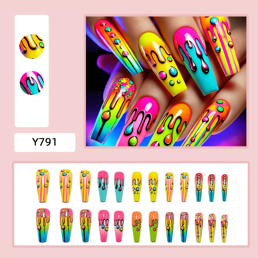 24pcs Long-Style Ballet Type Nail Polish - Fluorescent Melting Dopamine Nail Polish - Wearable Nail Art - Wearable Fake Nails - Y2K Tough Press-On Nails - High-Gloss Nail Stickers - Detachable Nail Stickers