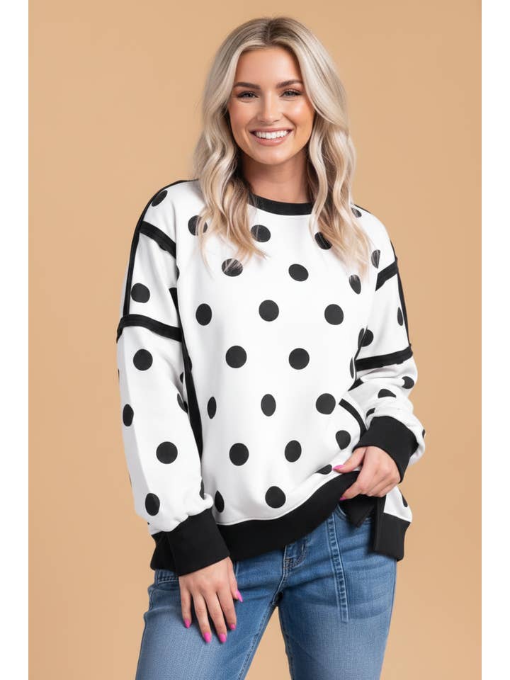 PRETTY BASH Polka Dot Contrast Reverse Seam Baggy Sweatshirt — view 8