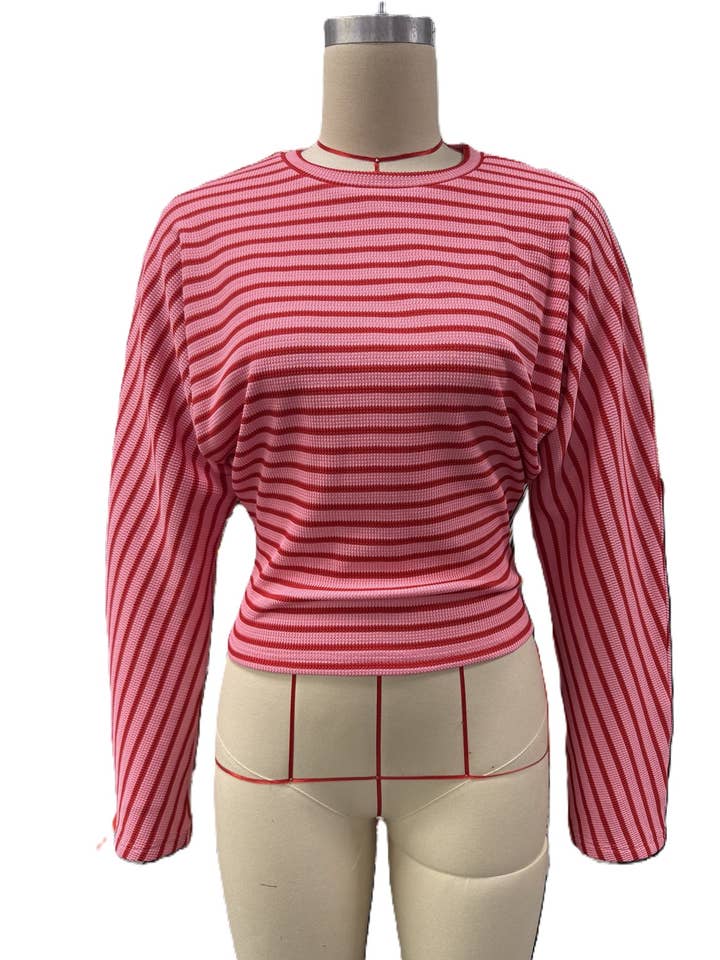 Striped Batwing Sleeve Waist-Cinched Long-Sleeve Top
