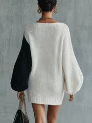 Elegant Color-Block Spliced Deep V-Neck Dress with Lantern Sleeves - Loose-Fit Long Dress Suitable for Home — view 5