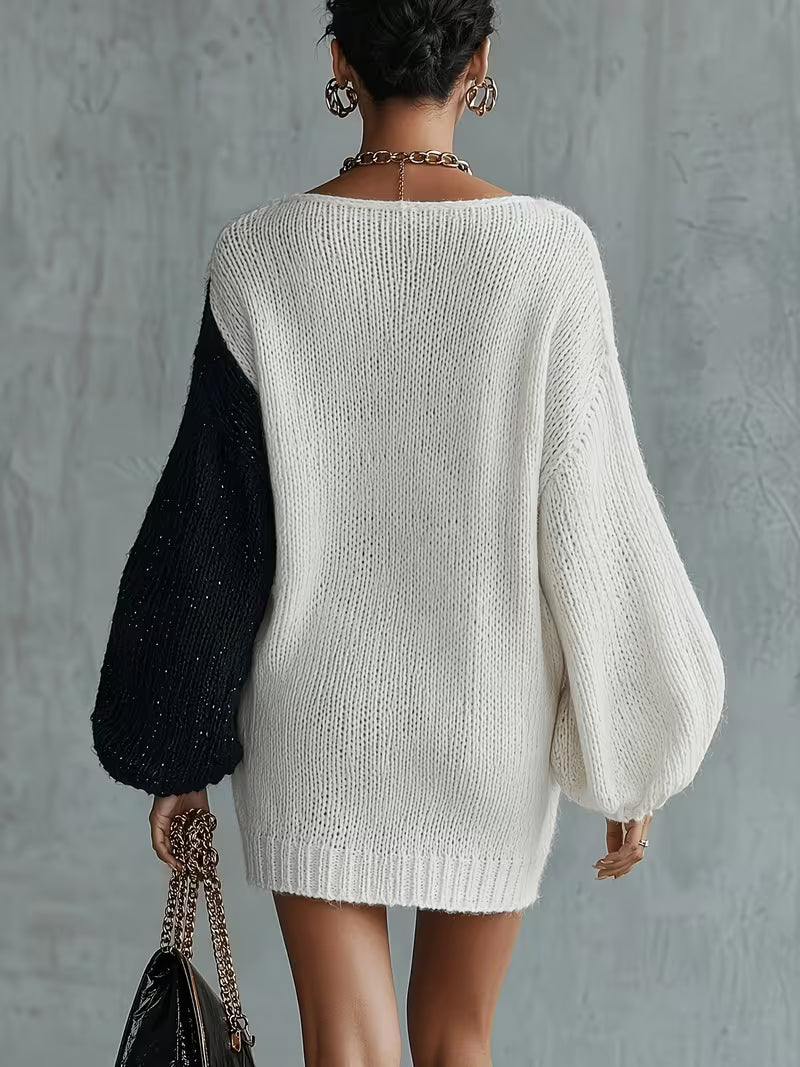 Elegant Color-Block Spliced Deep V-Neck Dress with Lantern Sleeves - Loose-Fit Long Dress Suitable for Home — view 6