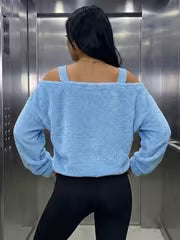 [Printed Pants - Not Faux Denim Fabric]Autumn Winter Casual Faux Denim Patchwork Plush Off-Shoulder Pullover — view 4