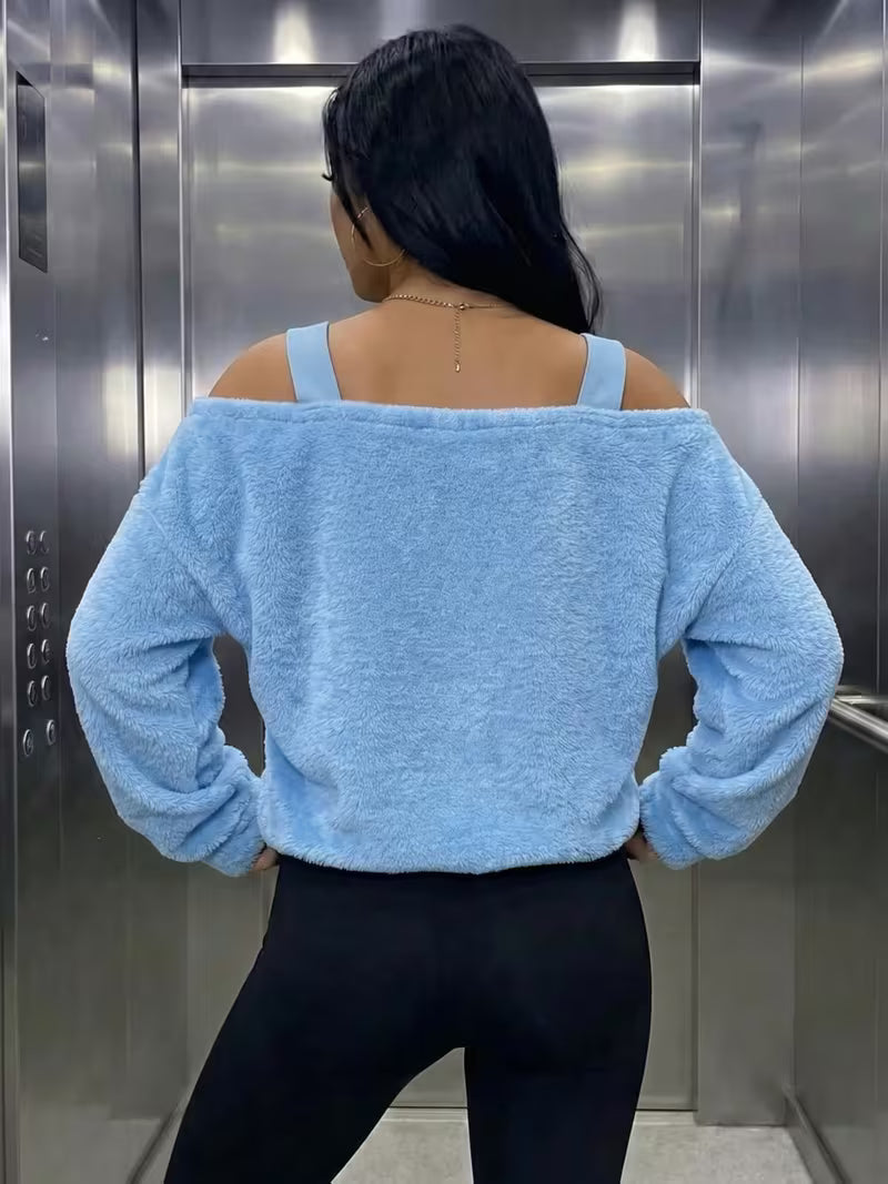 [Printed Pants - Not Faux Denim Fabric]Autumn Winter Casual Faux Denim Patchwork Plush Off-Shoulder Pullover — view 5