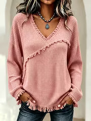 Women'S Autumn And Winter Waffle Top, Featuring a V-Neck, Fringed Trim, Wrap-Style Patchwork Design, Dropped