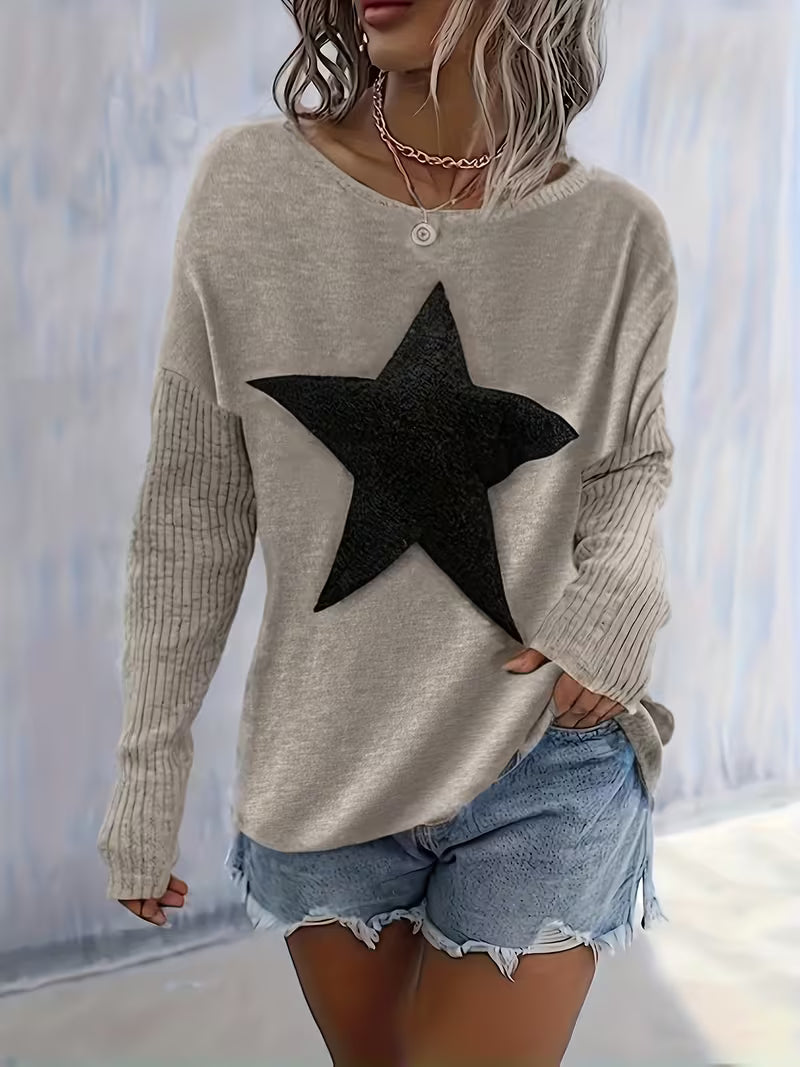 Pentagram Pattern Design, Comfortable Sweater, Elegant Style Long Sleeve Ribbed Sweater, Women'S Sweater — view 7