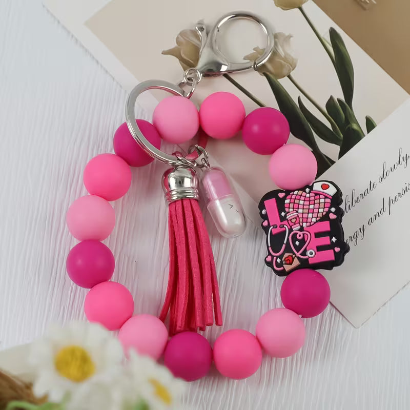NURSE Day Pink Beaded Keychain with Tassel Charm, Bag Charm, Key and Car Key Anti-Loss Accessory, Gift for — view 17