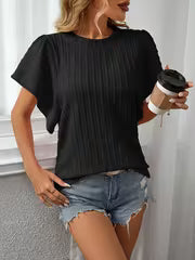 Women's Round Neck Double Layer Ruffle Short Sleeve T-Shirt - Breathable Ribbed, Machine Washable, Solid Color — view 4