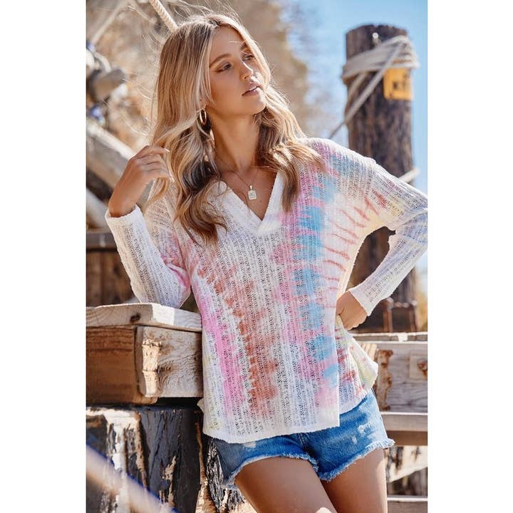 Tie Dye Print Open Knit Hoodie Long Sleeve Sweater