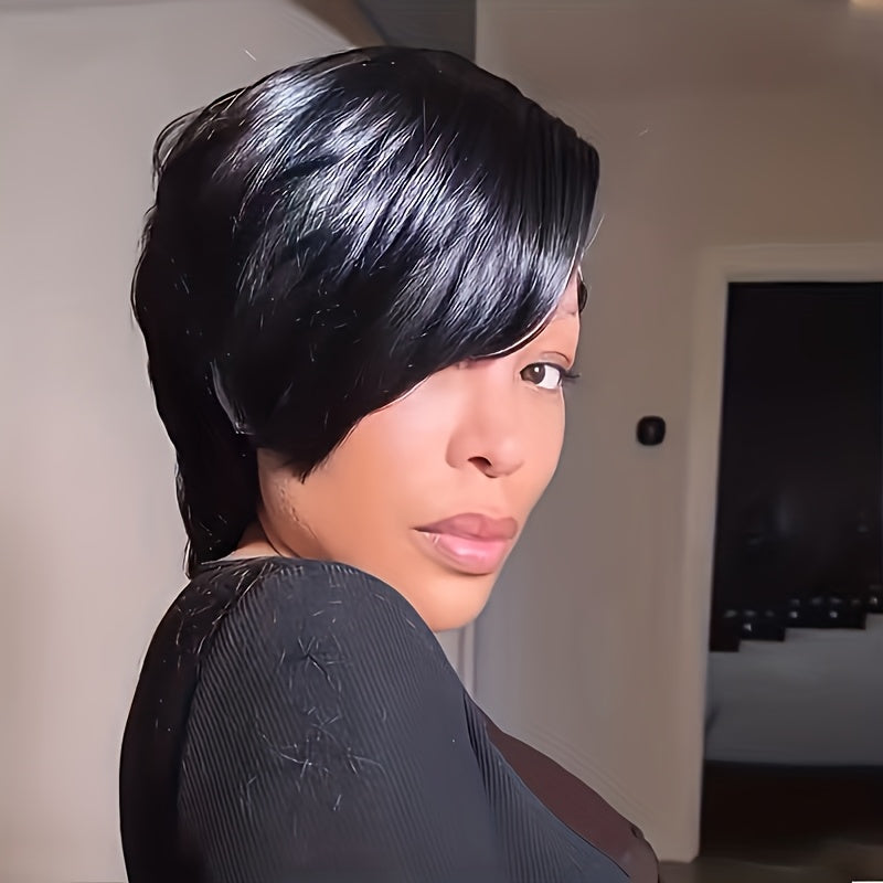 Women' Short Pixie Cut Wig with Bangs - Virgin Hair Straight Black Wig Suitable for Skin Tones, Breathable Elastic Mesh Cap, Layered Density for Daily Wear & Parties, Comfortable Wig for Parties and Everyday Hairstyle