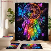 2D Flat, 2D Flat 4pcs Rainbow Dream Catcher Shower Curtain Set, Luminous Colorful Butterfly Rose Galaxy Bathroom — view 7