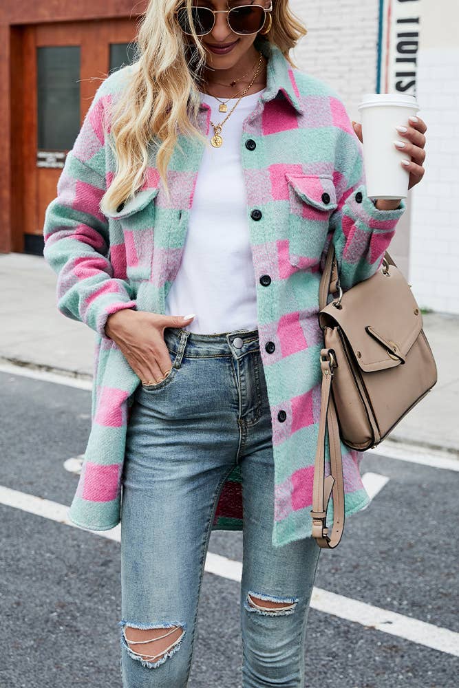 Single-Breasted Long Plaid Tweed Coat with Pockets TOPW1569