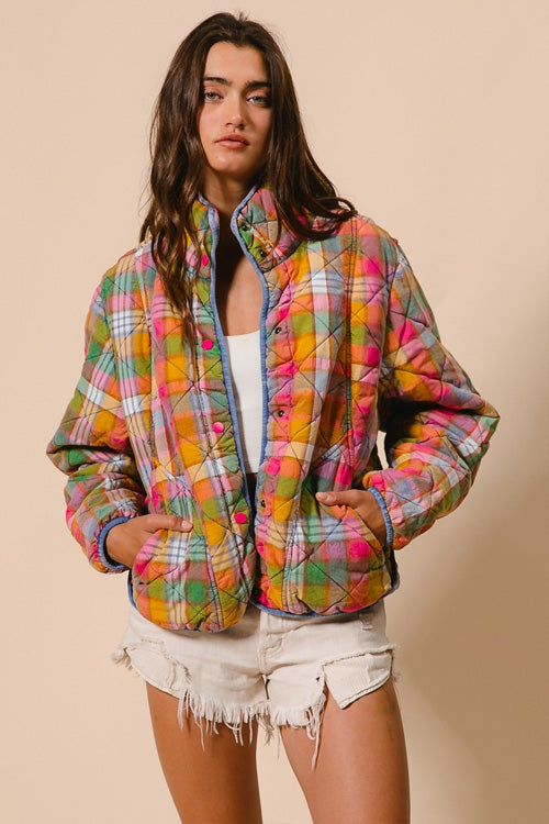 Vintage Plaid Quilted Jacket with Pockets-Orange Green and Yellow