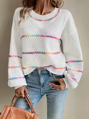 Women's Loose Crew Neck Sweater - Elegant Color Striped Pullover, Soft Polyester, Relaxed Style for Casual or — view 1