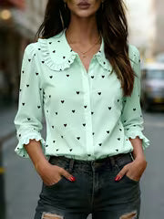 Women'S Heart Print Short Sleeve Blouse with Peter Pan Collar And Ruffled Cuffs — view 3