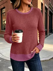 Women's Color Blocked Pit Stripe Round Neck Long Sleeved Contrasting Pullover Casual Loose And Winter Top L XXL — view 12