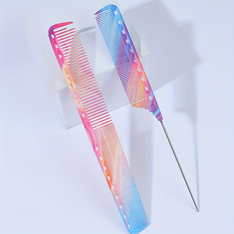 2pcs Double-Sided Steel Pin Combs - Anti-Static Knot-Free Hair Styling & Brushing Combs with Multicolor Gradient Patterns, Plastic Detangling Combs for Normal Hair, Smooth Salon & Home Use, Hair Combs, Stylish Haircare Tool, Fine Metal Pins