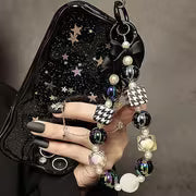 Elegant Black and White Electroplated Beaded Bow Keychain with Pearl and Crystal Accents - Durable ABS Material — view 3