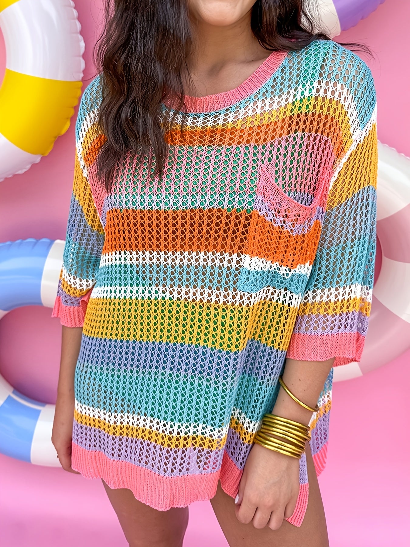 Pink Stripe Colorblock Hollowed Crochet 3/4 Sleeve Sweater