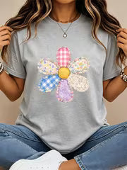 Faux Patchwork Flower Shirt Floral Faux Quilted Graphic Print Only Not a Patch Vintage Daisy Woman T Shirt — view 8