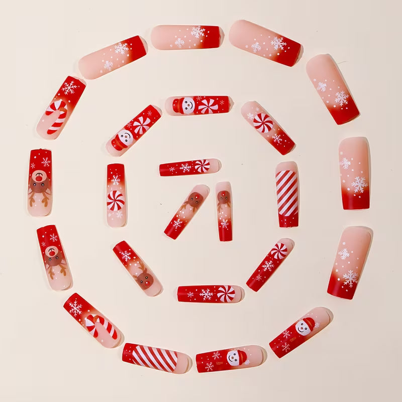 24pcs Winter Christmas Press-On Nails Suitable for Hands & Feet - Red Gradient Snowman Reindeer Snowflake Candy — view 7