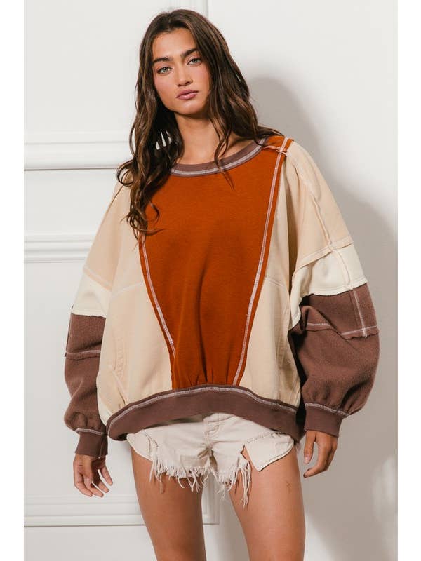 Overlock Stitch Detail Color Block Cozy Pullover — view 3