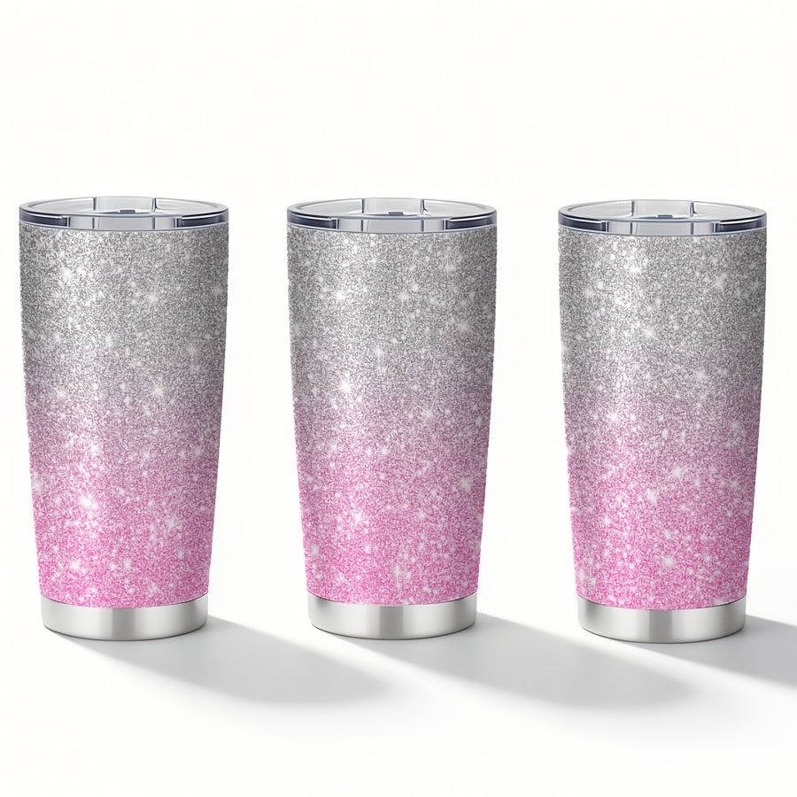 1pc 20Oz Tumbler Featuring a Glitter Gradient Design Adorned with Silver And Pink Sparkles