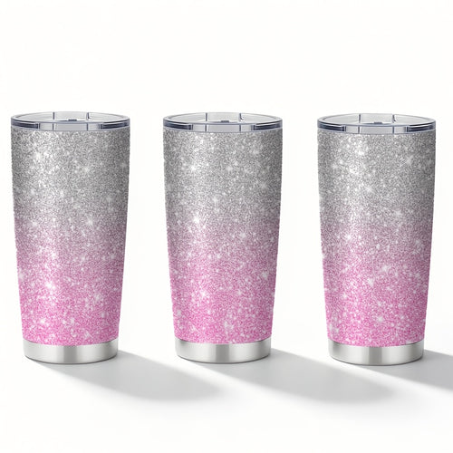 1pc 20Oz Tumbler Featuring a Glitter Gradient Design Adorned with Silver And Pink Sparkles