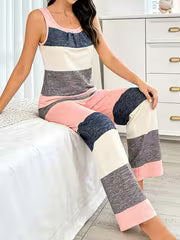 Women's Pajama Set Sleepwear Pink&Blue Striped Loungewear Comfy 2pcs Set Loose Casual Loungewear Outfit for — view 5