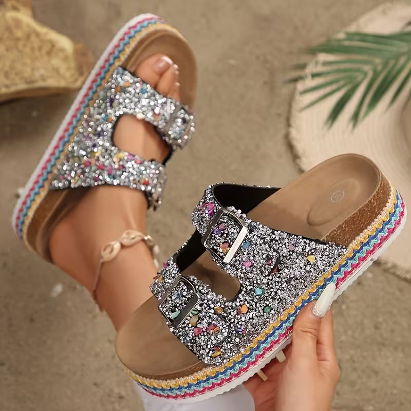 Women's Elegant Rhinestone-Decorated Thick Platform - Slip-On Open-Toe Beach Slippers with Cushioned Sole — view 15