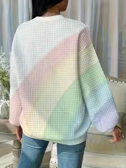 Rainbow Gradient Striped Tie-Dye Creative Fashion Print Waffle Crew Neck Sweatshirt for Women, Loose Long-Sleeve — view 2