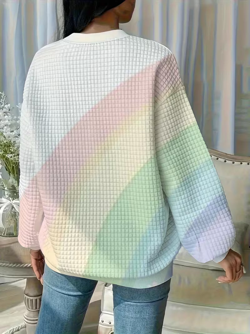 Rainbow Gradient Striped Tie-Dye Creative Fashion Print Waffle Crew Neck Sweatshirt for Women, Loose Long-Sleeve — view 6