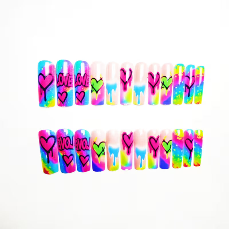 [24pcs Press-On Nails] 24pcs Nail Art Set, Gradient Rainbow Ink Splatter Glitter Heart LOVE Graffiti Street — view 6