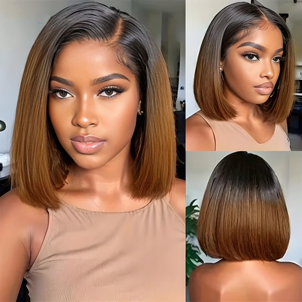 Look Human Hair Wig - 13x4 Lace Frontal with Brown to Burgundy Ombre, High Density 180%