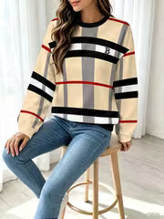 Women'S Fashion Hoodie, Classic Plaid Pattern in Pale Beige Base with Contrast Stripes, Casual Daily Wear — view 1