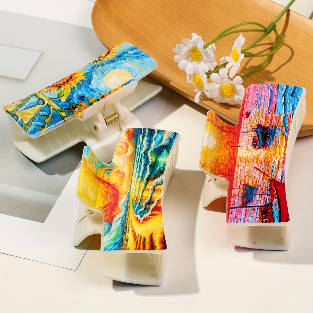 3pcs Set of Artistic And Minimalist Square Hair Claw Clips for Women with Van Gogh Oil Painting Style, Back of Head Hair Clip