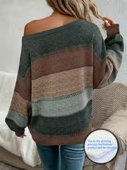 Lightweight Off-the-Shoulder Sweater, Caramel Brown Plaid One-Shoulder Top, Vintage Academic Style Rhombus — view 3