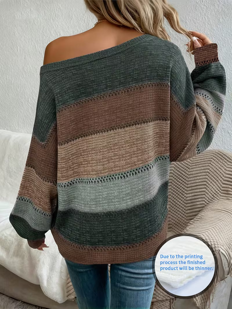 Lightweight Off-the-Shoulder Sweater, Caramel Brown Plaid One-Shoulder Top, Vintage Academic Style Rhombus — view 4