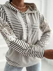 No import chargesStriped Color-Block Floral Lace Patchwork Long-Sleeve Hooded Sweatshirt, Casual Drawstring Lace — view 1