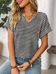 Women's V-Neck Short Sleeve Loose Fit Striped Casual Pullover T-Shirt - Black & White Horizontal Stripes, Ribbed — view 5