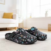 Women's Unique Black Printed Flat Mules, Adjustable Buckle, Lightweight, Casual, Versatile Nurse Shoes, High — view 5