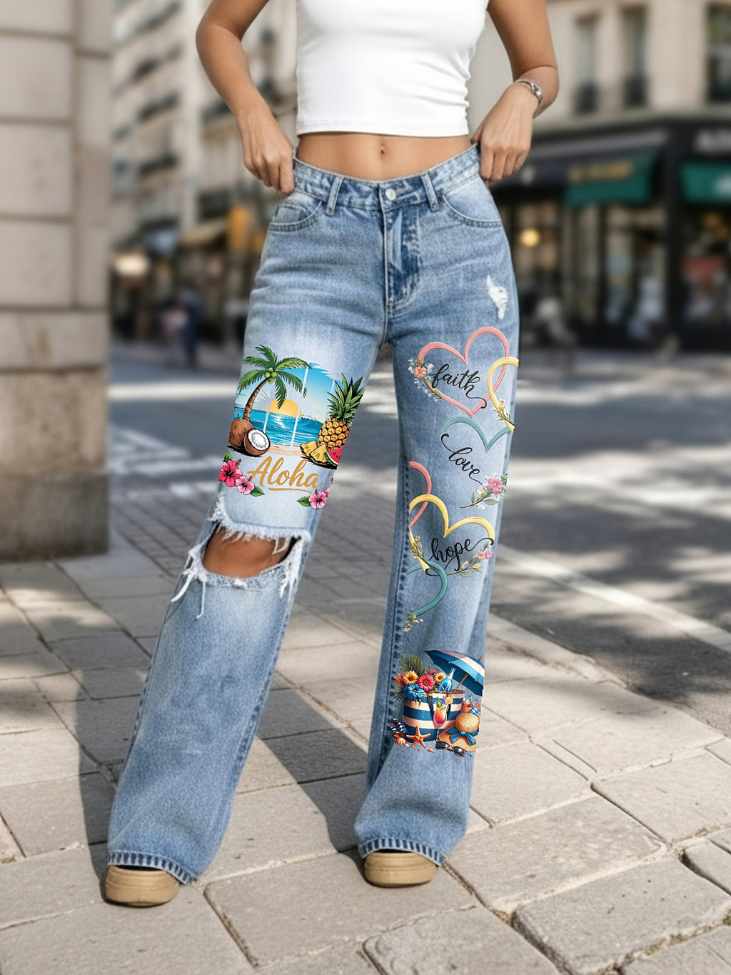 Tropical Beach Scene with Hearts And Flowers Women'S Ripped Wide Leg Jeans, High Waist Distressed Baggy Denim Pants, NZ002 Casual Streetwear Y2K Fashion Trousers for Summer