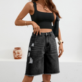 Distressed Frayed Tassel Knee-Length Denim Shorts MN125