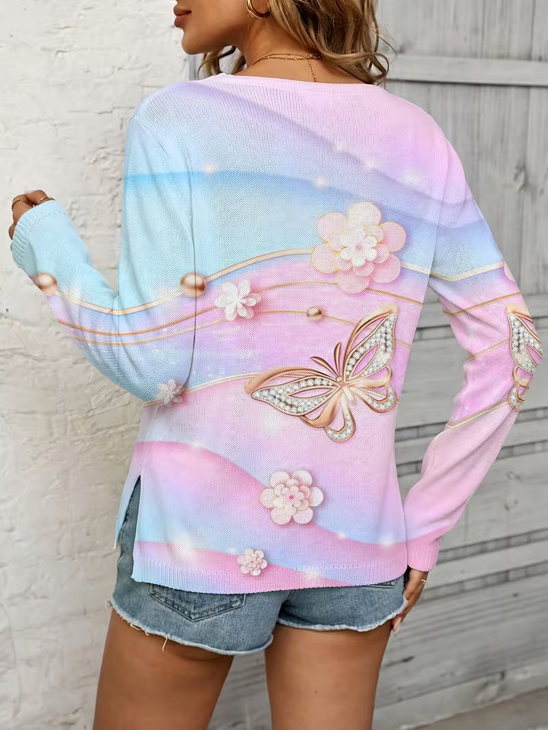 Women'S Spring Summer Autumn Round Neck Thin Pink Butterfly Print Sweater, Office Casual Wear, Textured Autumn — view 5